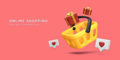 3d realistic banner with shopping basket and gift box in cartoon style on red background. Poster or web page for online shopping. Vector illustration