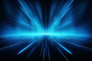 Abstract neon blue background, cyber space, parallel universe, lines, stripes, glow. AI generated photo