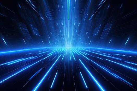 Abstract neon blue background, cyber space, parallel universe, lines, stripes, glow. AI generated photo