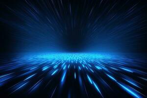 Abstract neon blue background, cyber space, parallel universe, lines, stripes, glow. AI generated photo