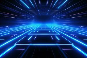Abstract neon blue background, cyber space, parallel universe, lines, stripes, glow. AI generated photo