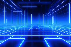 Abstract neon blue background, cyber space, parallel universe, lines, stripes, glow. AI generated photo