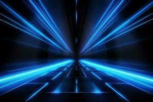 Abstract neon blue background, cyber space, parallel universe, lines, stripes, glow. AI generated photo