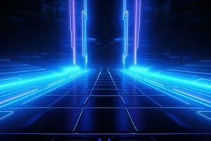 Abstract neon blue background, cyber space, parallel universe, lines, stripes, glow. AI generated photo