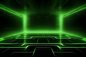 Abstract neon green background, cyber space, parallel universe, lines, stripes, glow. AI generated photo