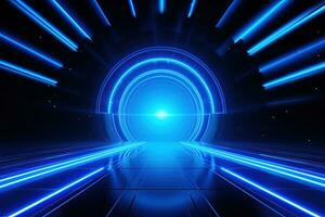 Abstract neon blue background, cyber space, parallel universe, lines, stripes, glow. AI generated photo