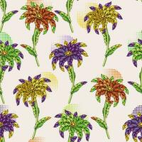 Seamless pattern with round halftone shpaes, creative flowers made of feathers. vector