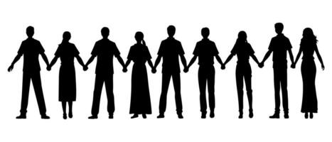 Group of People holding hands together silhouette. vector illustration