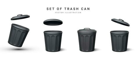 Set of 3d realistic black trash can on white background. Vector illustration