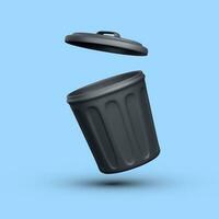 3d realistic black open trash can isolated on blue background. Vector illustration