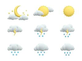 Set of 3d realistic forecast weather icons isolated on white background. Sun, moon, star, lightning, cloud, rain drops, snowflakes in cartoon style. Vector illustration