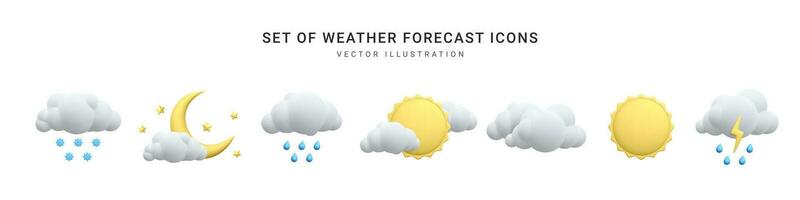 Set of 3d realistic forecast weather icons isolated on white background. Sun, moon, star, lightning, cloud, rain drops, snowflakes in cartoon style. Vector illustration