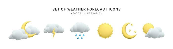 conjunto de 3d realista pronóstico clima íconos aislado en blanco antecedentes. sol, luna, estrella, iluminación, nube, lluvia gotas en dibujos animados estilo. vector ilustración