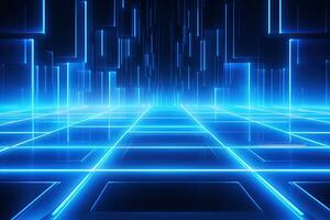 Abstract neon blue background, cyber space, parallel universe, lines, stripes, glow. AI generated photo