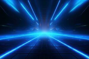 Abstract neon blue background, cyber space, parallel universe, lines, stripes, glow. AI generated photo