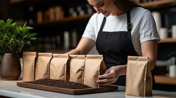 Woman hands seal coffee bean bag packages ready for sales AI Generated photo