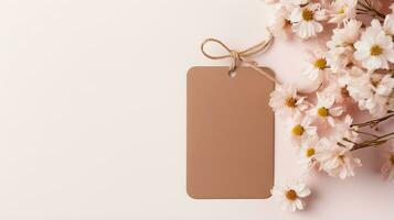 Rectangle blank brown paper card kraft label tag mockup with pink flower background AI Generated photo