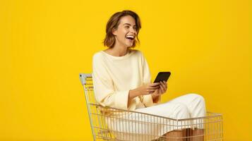 Excited woman laughing and using smartphone in shopping cart trolley on yellow background AI Generated photo