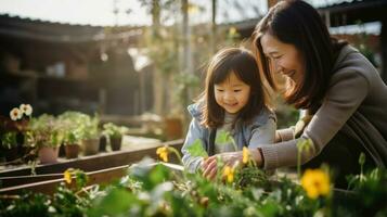 sonriente madre y hija tomar cuidado de flores mientras jardinería a granja ai generado foto