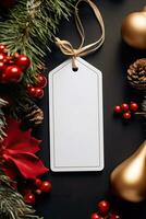 Modern gift tag for Christmas holiday mockup on grey black background AI Generated photo