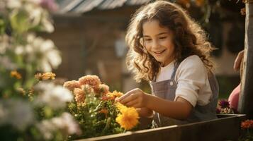 Smiling little girl take care and plant flowers in the garden or a farm AI Generated photo