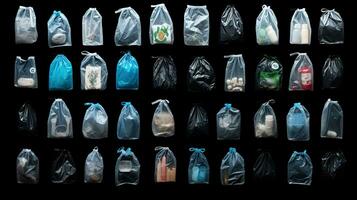 Recycling plastic bags collection filled with recyclable bottles cans and garbage AI Generated photo