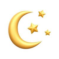 3d realistic crescent and gold stars isolated on white background. Abstract moon with bright stars in cartoon style. Vector illustration