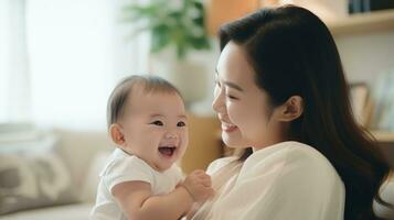 Happy smile mother takes care and hold her cute baby, selective focus AI Generated photo