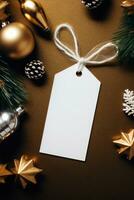 Modern Gift Tag for Christmas Holiday Mockup on gold background AI Generated photo