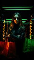 mujer en neón ligero cyberpunk oscuro antecedentes con compras pantalones en negro viernes, ciber lunes ventas concepto ai generado foto