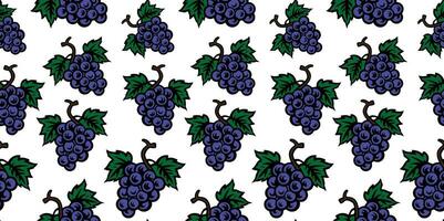 Seamless pattern, bunch of grapes with leaves, wine vine, doodle hand drawing, colorful elements on white background vector