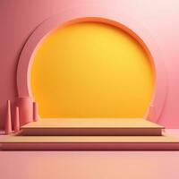 Stage, podium, empty pedestal for displaying objects and advertising goods, yellow, pink, glossy photo