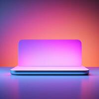 Square neon glowing podium, stage, pedestal. Empty flat advertising platform photo
