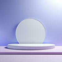 Minimalistic blue podium, stage, product display pedestal, empty, glossy, round photo