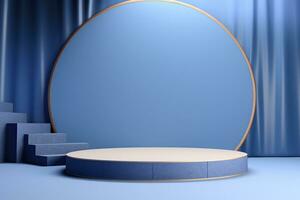 Minimalistic blue podium, stage, product display pedestal, empty, glossy, round photo