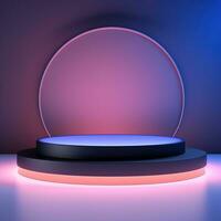 Round neon glowing podium, stage, pedestal. Empty advertising platform photo