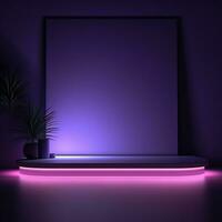 Square neon glowing podium, stage, pedestal. Empty flat advertising platform photo