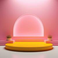 Stage, podium, empty pedestal for displaying objects and advertising goods, yellow, pink, glossy photo