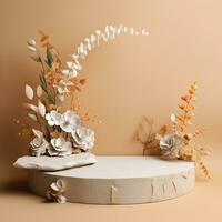 Empty minimalistic stone podium with flowers and leaves. Stage for displaying objects, goods, pink, beige, pastel photo