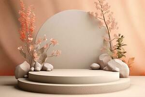 Empty minimalistic stone podium with flowers and leaves. Stage for displaying objects, goods, pink, beige, pastel photo