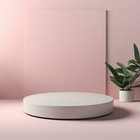 Stage, podium, empty pedestal for displaying objects and advertising goods, pink, beige, pastel photo