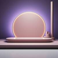 Round neon glowing podium, stage, pedestal. Empty advertising platform photo