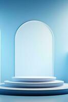 Minimalistic blue podium, stage, product display pedestal, empty, glossy, round photo