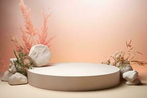 Empty minimalistic stone podium with flowers and leaves. Stage for displaying objects, goods, pink, beige, pastel photo