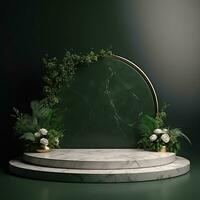 Simple black podium, stage, platform with green tropical leaves photo