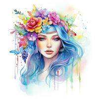Watercolor female portrait. Fictional character, non-existent woman. Wreath of flowers on the head photo