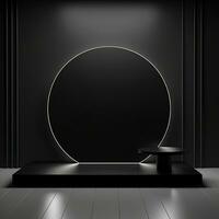 Stage, podium, empty pedestal for displaying objects and advertising goods, pink, black, round, square, glow photo