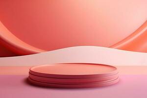 Stage, podium, empty pedestal for displaying objects and advertising goods, pink, beige, pastel photo
