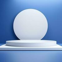 Minimalistic blue podium, stage, product display pedestal, empty, glossy, round photo