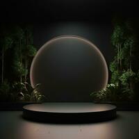 Simple black podium, stage, platform with green tropical leaves photo